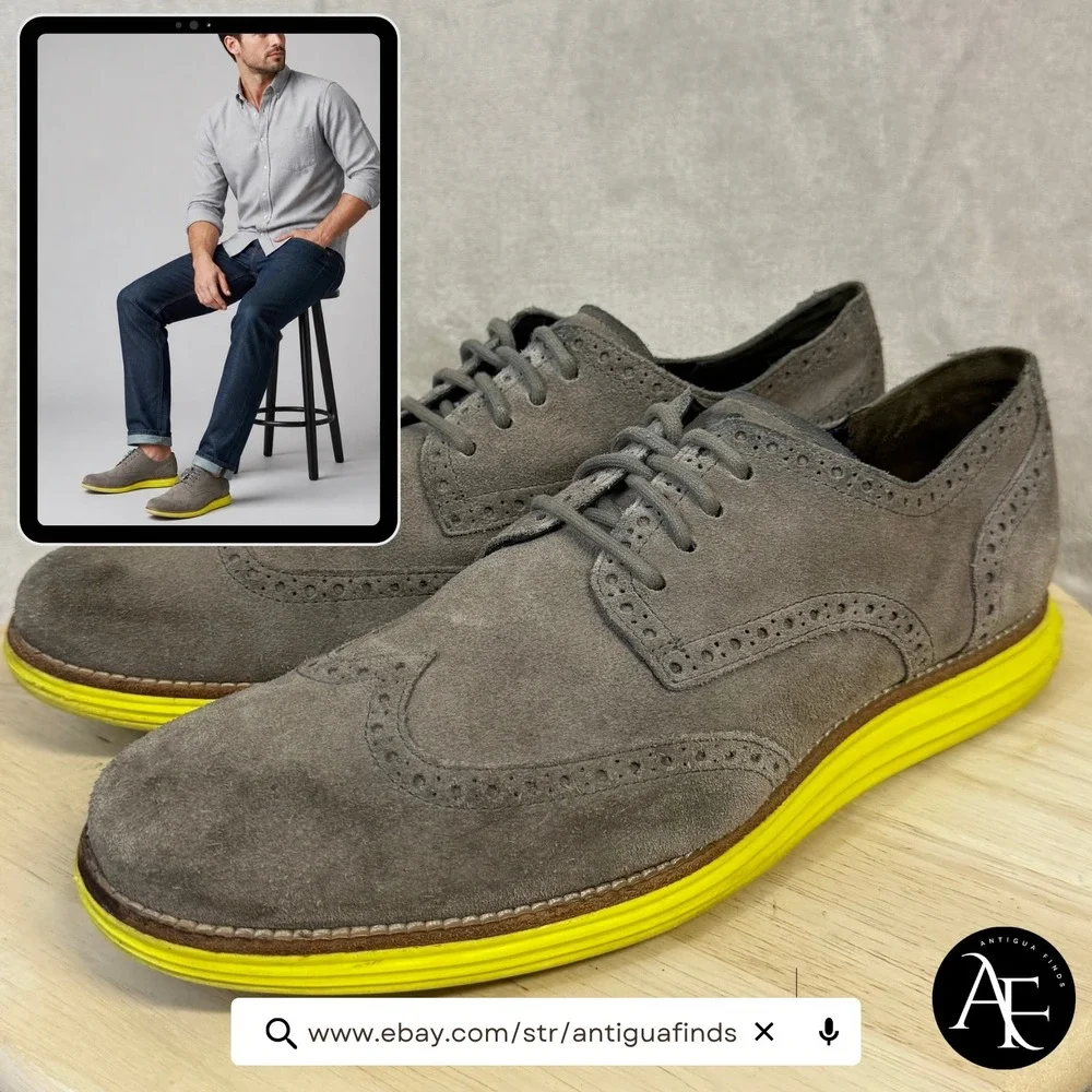 Cole Haan Lunargrand Wingtip Oxford Grey Suede Neon Yellow C11514 Mens 11.5 M